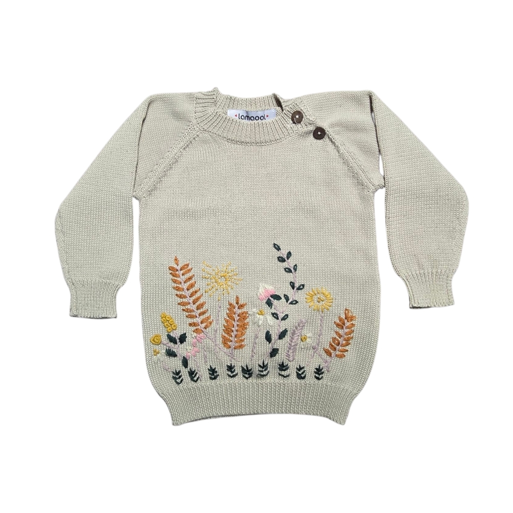 Kids Cream Sweater with Floral Embroidery